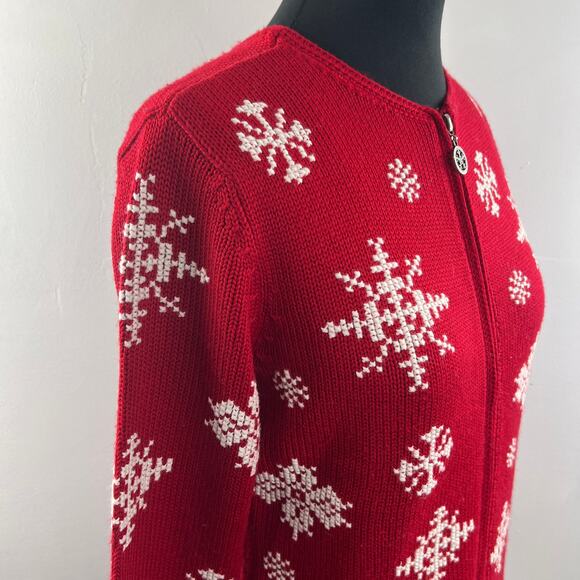 Petite Sophisticate Red White Cardigan Sweater Knit Snowflake Full Zip Small S - Picture 6 of 11